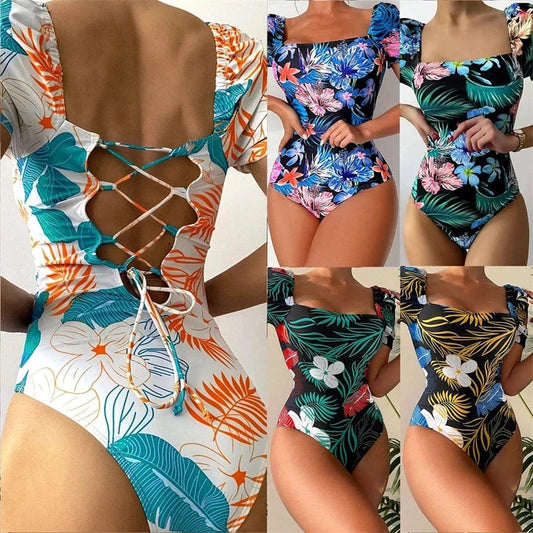 2024 luxury women beach wear floral print hig hcut short sleeve one piece back strip bandage bikini swim suit swimsuit for lady