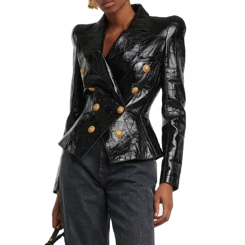 2024 New Arrivals Fashion Golden Buttons vegan leather Women Black jacket women leather jacket