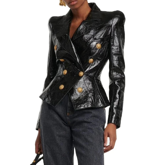 2024 New Arrivals Fashion Golden Buttons vegan leather Women Black jacket women leather jacket