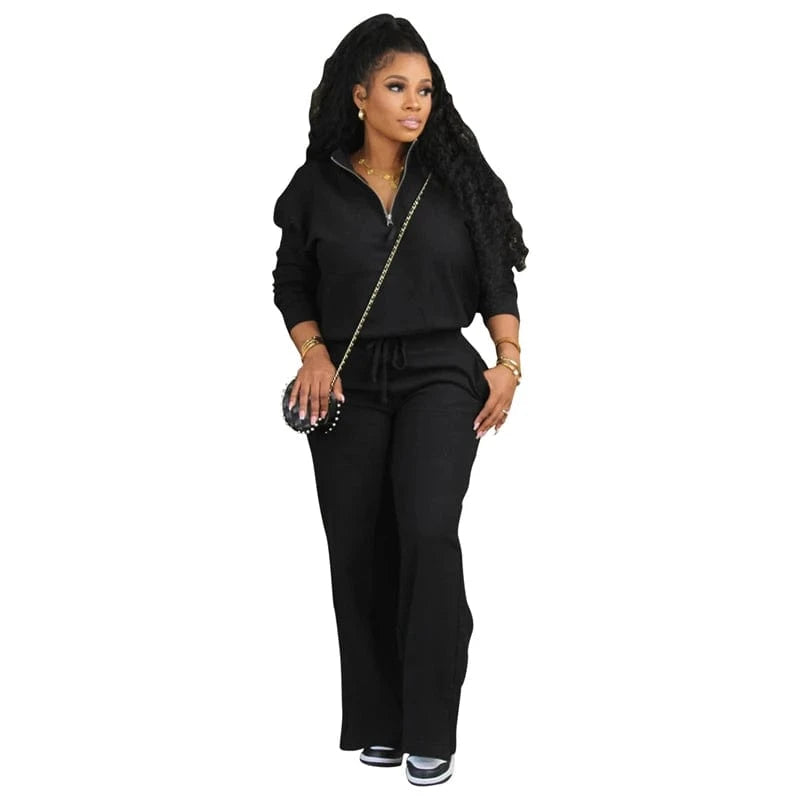 2024 new arrivals luxury women casual black half zip sweatshirt and jogger sweatpants sport 2 piece set clothes with sweatpants