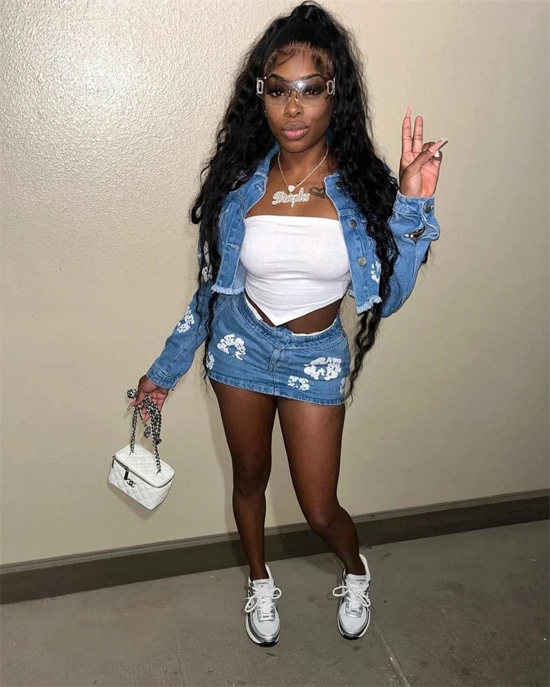 2024 new arrivals luxury women female ladies print 2pc jeans denim jacket and mini skirt 2 two piece outfit set for women sexy