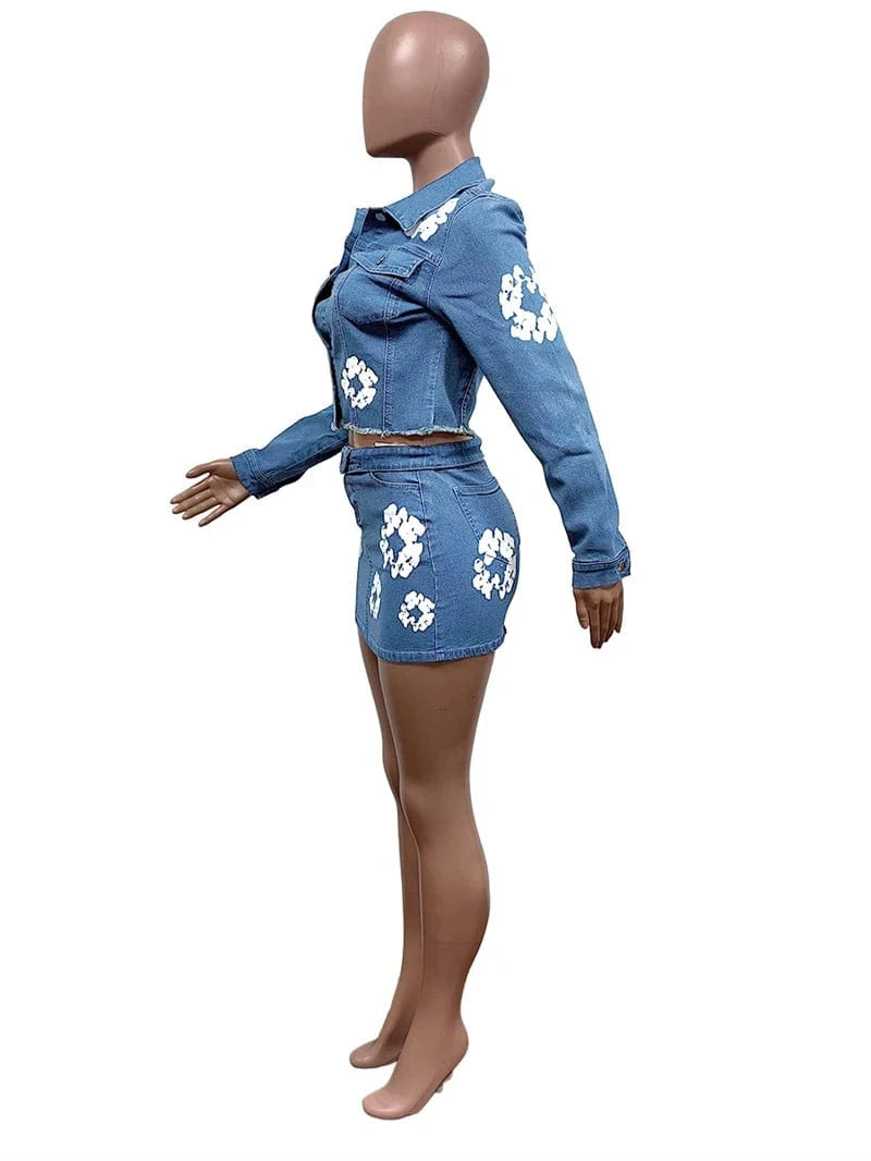 2024 new arrivals luxury women female ladies print 2pc jeans denim jacket and mini skirt 2 two piece outfit set for women sexy