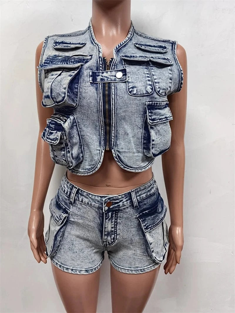 2024 new arrivals luxury women's clothing denim jeans vest and shorts two piece bodycon outfit set for women