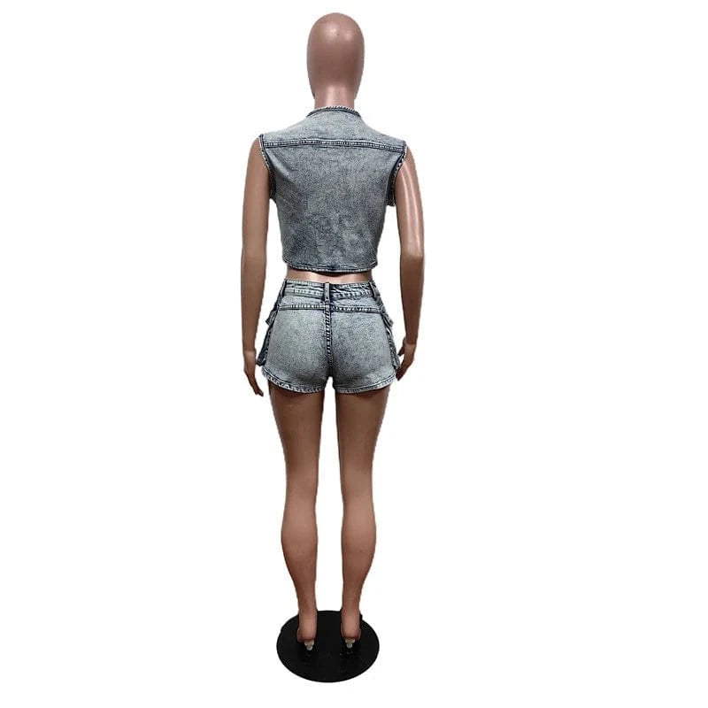 2024 new arrivals luxury women's clothing denim jeans vest and shorts two piece bodycon outfit set for women