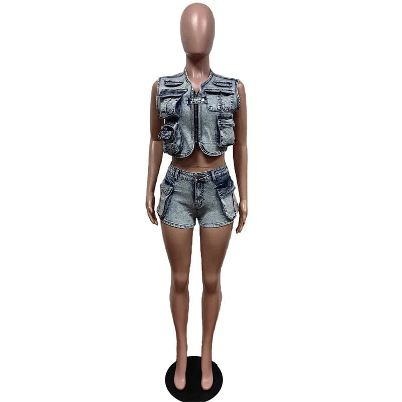 2024 new arrivals luxury women's clothing denim jeans vest and shorts two piece bodycon outfit set for women
