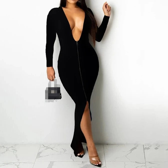 2024 New Arrivals Solid Deep V Neck Bodycon Dress Zip Up Long Sleeve Dress Sexy Split Long Dress For Women