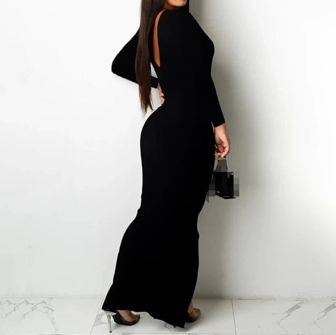 2024 New Arrivals Solid Deep V Neck Bodycon Dress Zip Up Long Sleeve Dress Sexy Split Long Dress For Women