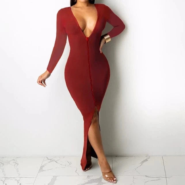 2024 New Arrivals Solid Deep V Neck Bodycon Dress Zip Up Long Sleeve Dress Sexy Split Long Dress For Women