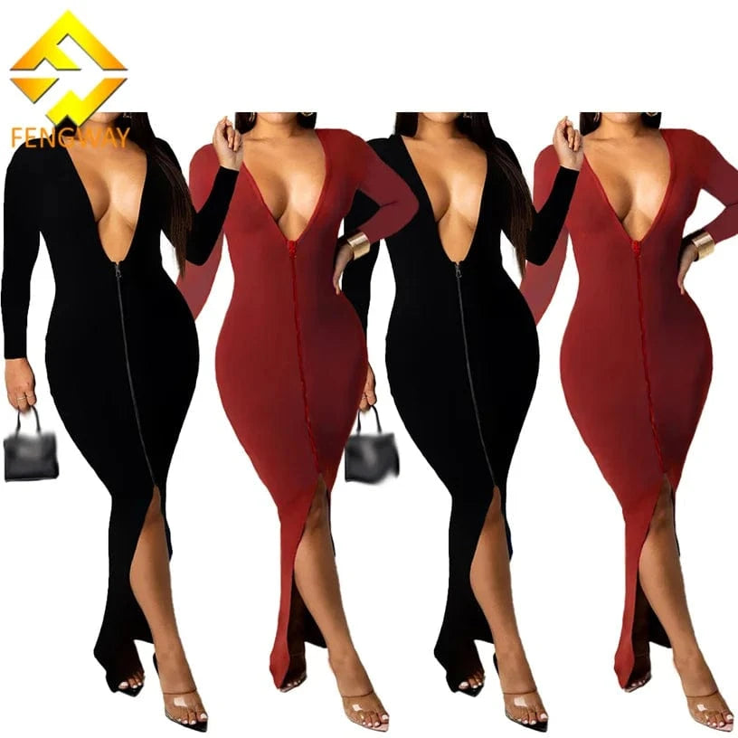 2024 New Arrivals Solid Deep V Neck Bodycon Dress Zip Up Long Sleeve Dress Sexy Split Long Dress For Women