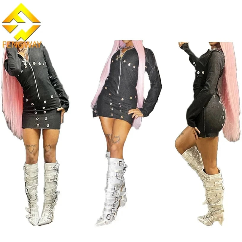 2024 New Arrivals Trendy Retro Eyelet Casual Dress Long Sleeve Zipper Dress Fashion Denim Bodycon Mini Dresses