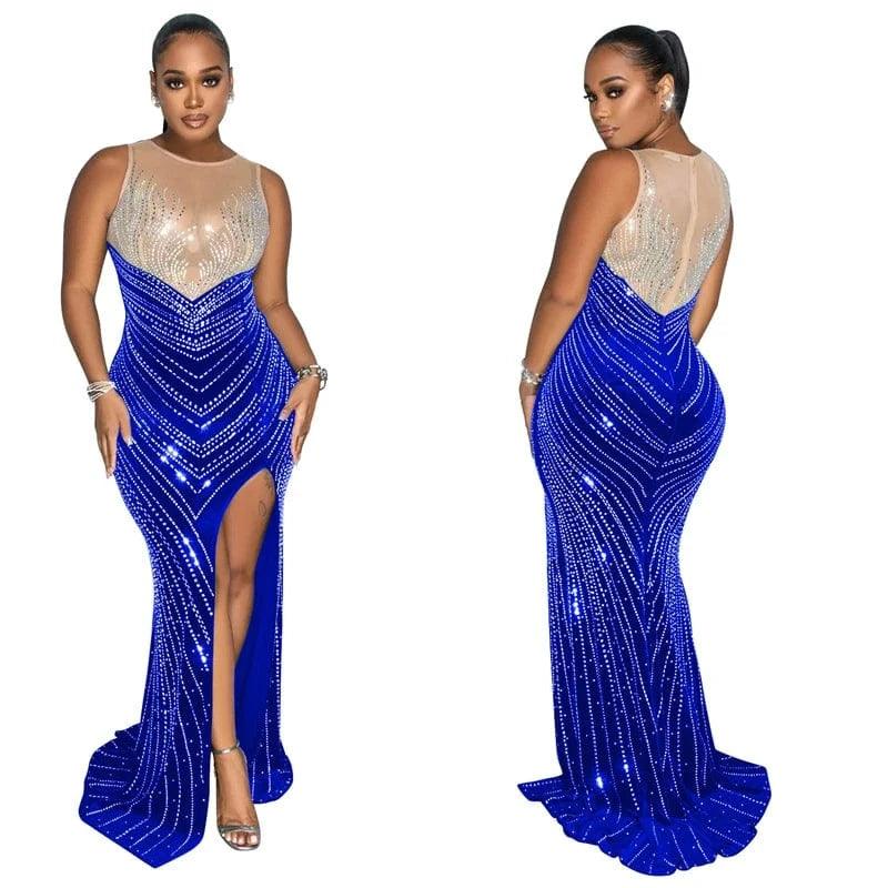 2024 new design elegant rhinestone beading beaded applique panel high slit maxi wedding party eveinng dress with beads long tail