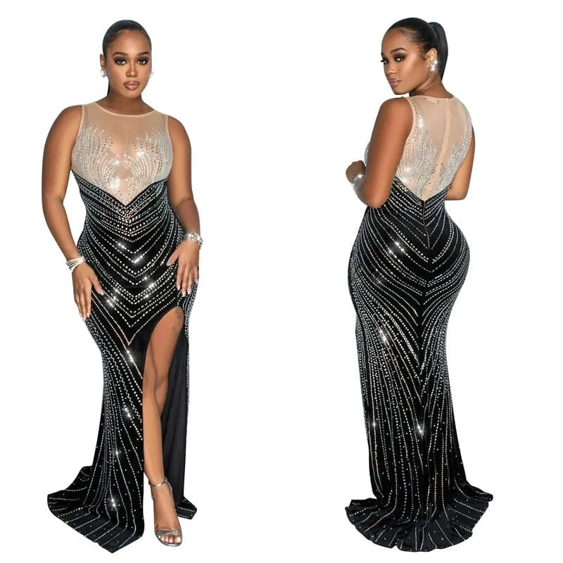 2024 new design elegant rhinestone beading beaded applique panel high slit maxi wedding party eveinng dress with beads long tail