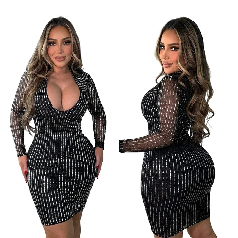 2024 new designs women elegance modest modern elegant sexy beaded rhinestone full long sleeve short party evening mini dress