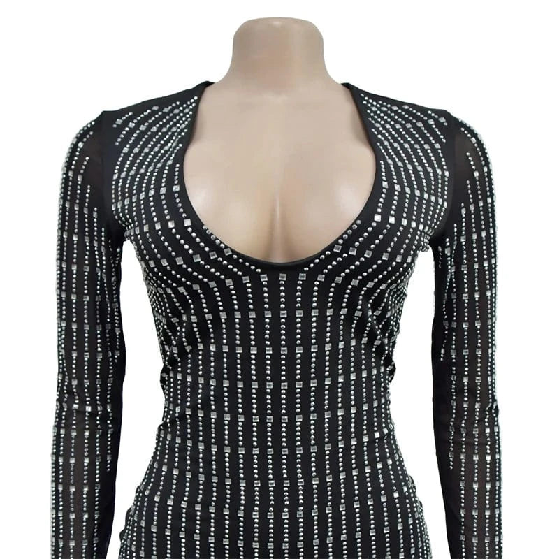 2024 new designs women elegance modest modern elegant sexy beaded rhinestone full long sleeve short party evening mini dress