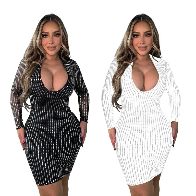 2024 new designs women elegance modest modern elegant sexy beaded rhinestone full long sleeve short party evening mini dress