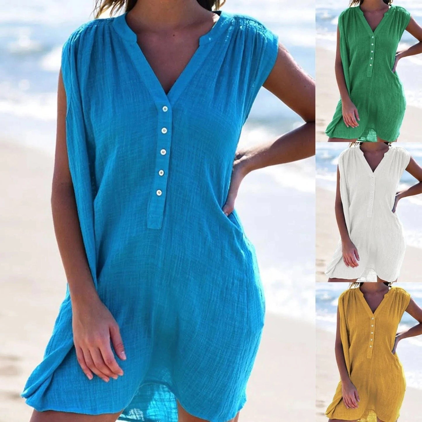 2024 New Fashion Spring Summer Best-Selling Women's Solid Color V-neck Shirt Dress Cardigan Sleeveless Midi Dresses
