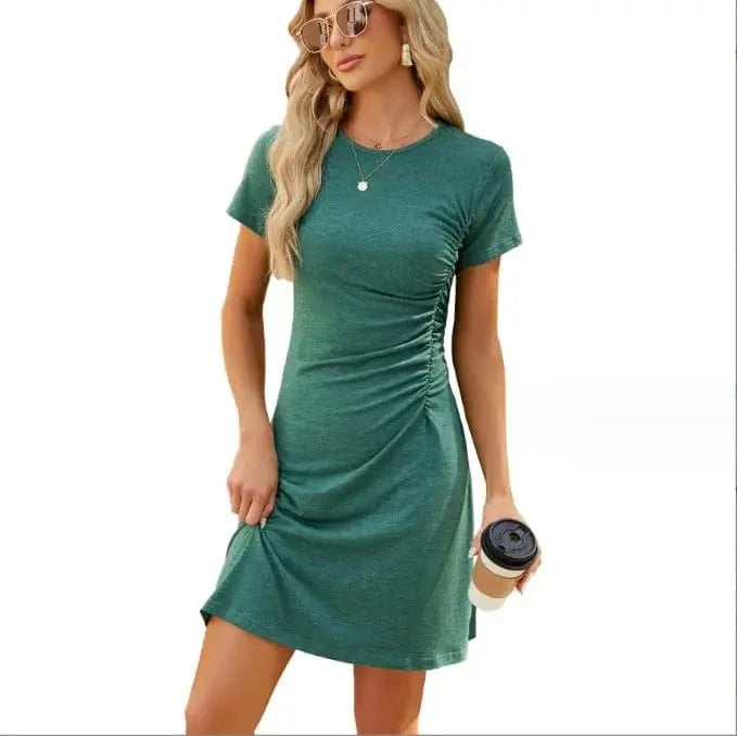 2024 New Fashion Summer Best-Selling Women's Solid Color O-neck Shirt Dress Pleated Slim Fitting Short Sleeve Dresses