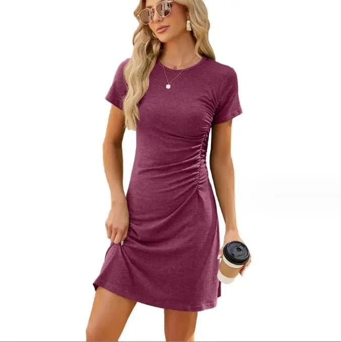 2024 New Fashion Summer Best-Selling Women's Solid Color O-neck Shirt Dress Pleated Slim Fitting Short Sleeve Dresses