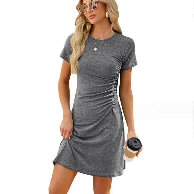 2024 New Fashion Summer Best-Selling Women's Solid Color O-neck Shirt Dress Pleated Slim Fitting Short Sleeve Dresses