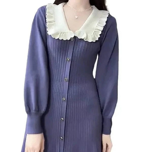 2024 New Gentle Style Retro Lapel Knitted Waist Slimming Dress Niche Lantern Sleeve Long Dress for Women