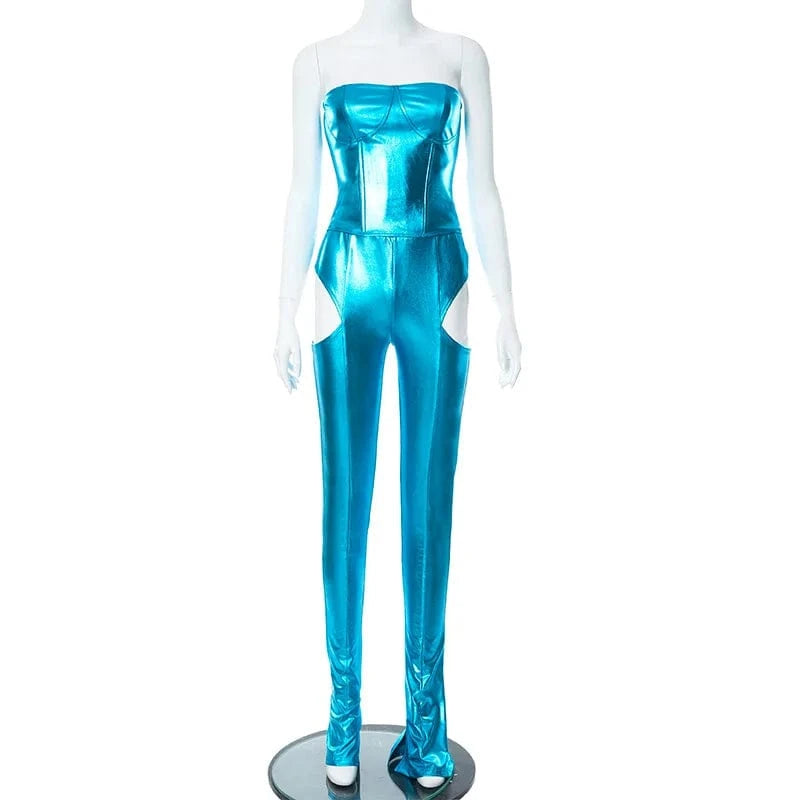 2024 New Gloss Corset Tops Women's Night Club Rave Outfit Zipper Sexy Cut Out Skinny Hem Slit Trouser 2 Piece Set