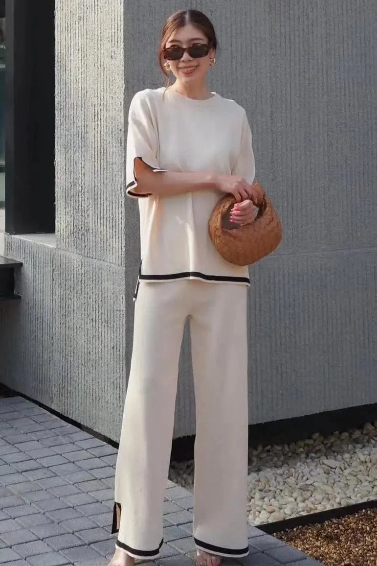 2024 New Knitted suit Sweater suit Long-sleeved Short-sleeved Pullover High Waist Wide-leg Pants Two-piece Set