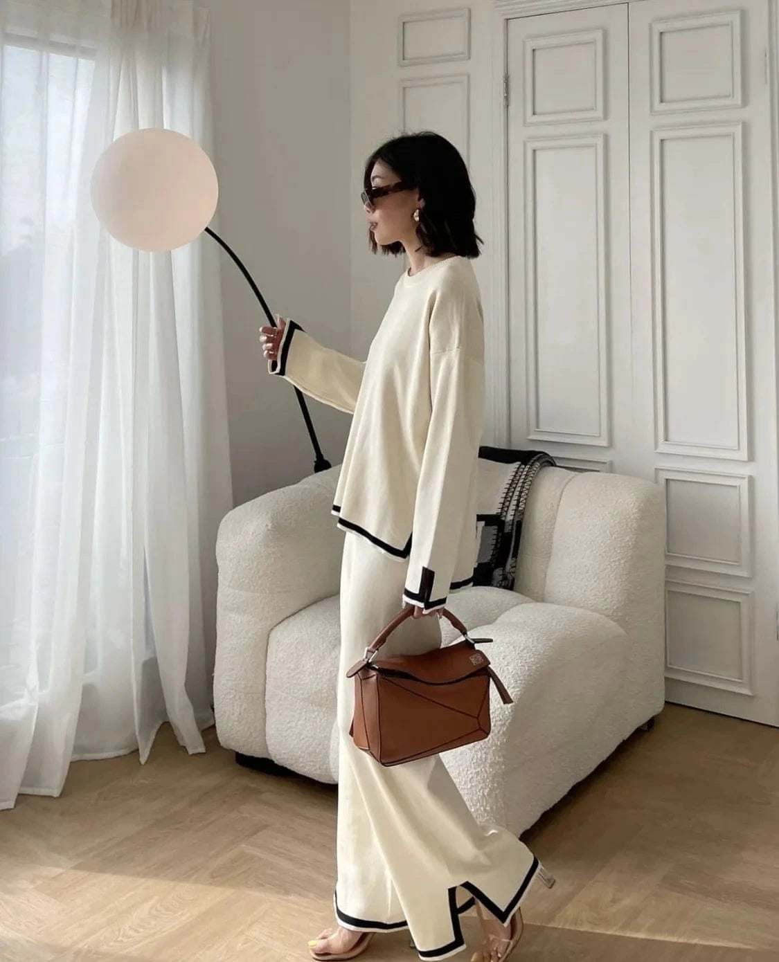 2024 New Knitted suit Sweater suit Long-sleeved Short-sleeved Pullover High Waist Wide-leg Pants Two-piece Set