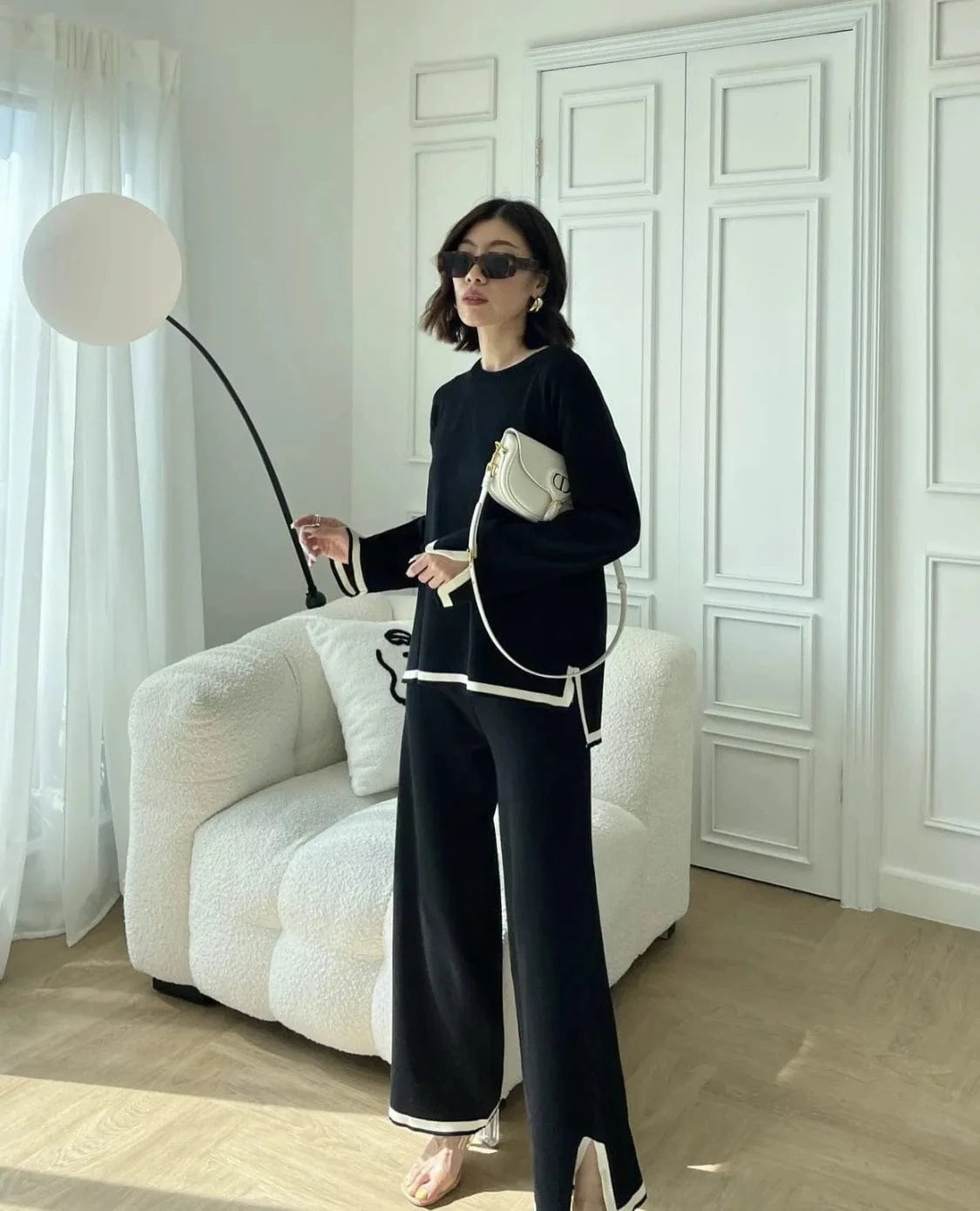 2024 New Knitted suit Sweater suit Long-sleeved Short-sleeved Pullover High Waist Wide-leg Pants Two-piece Set