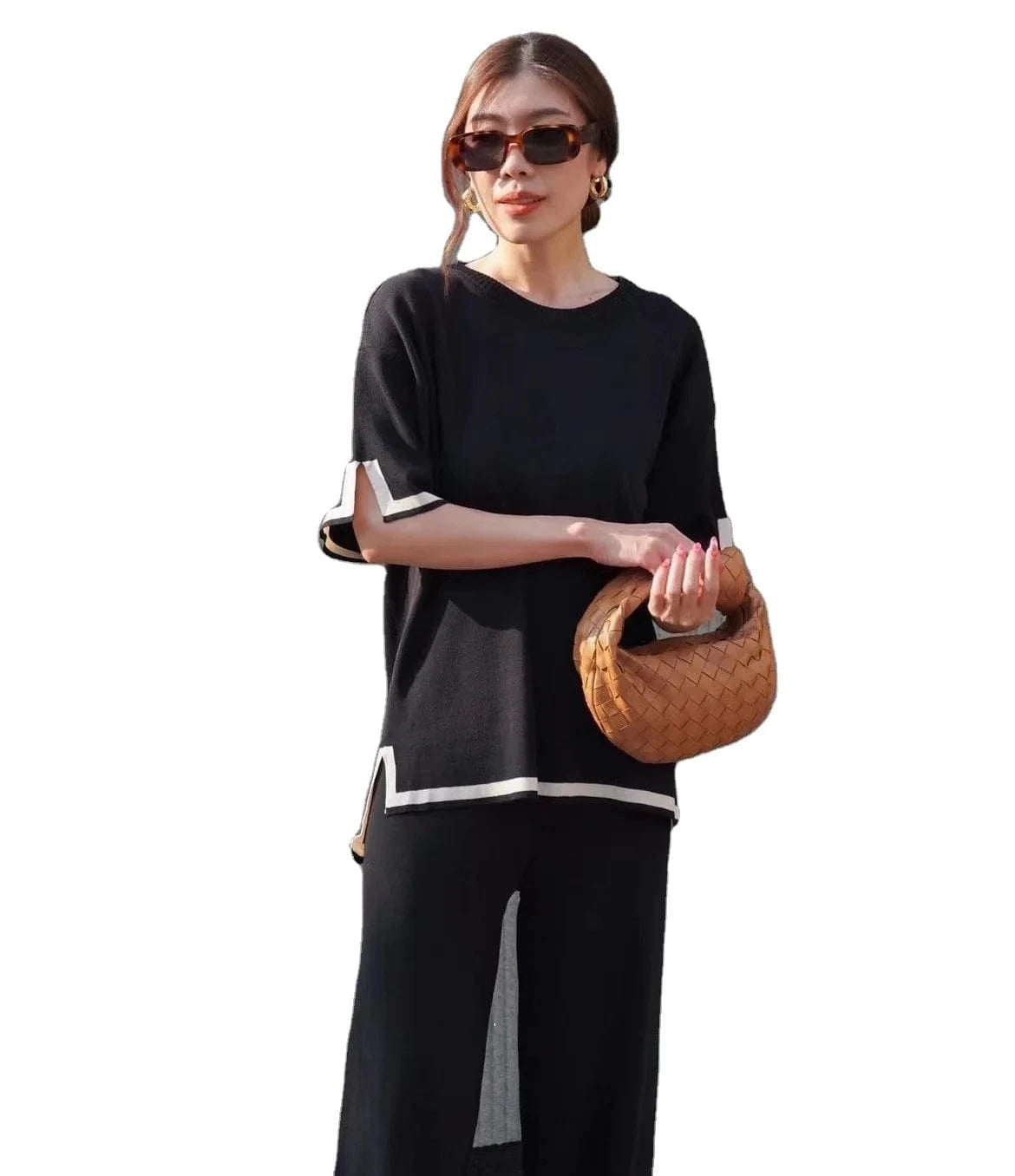 2024 New Knitted suit Sweater suit Long-sleeved Short-sleeved Pullover High Waist Wide-leg Pants Two-piece Set