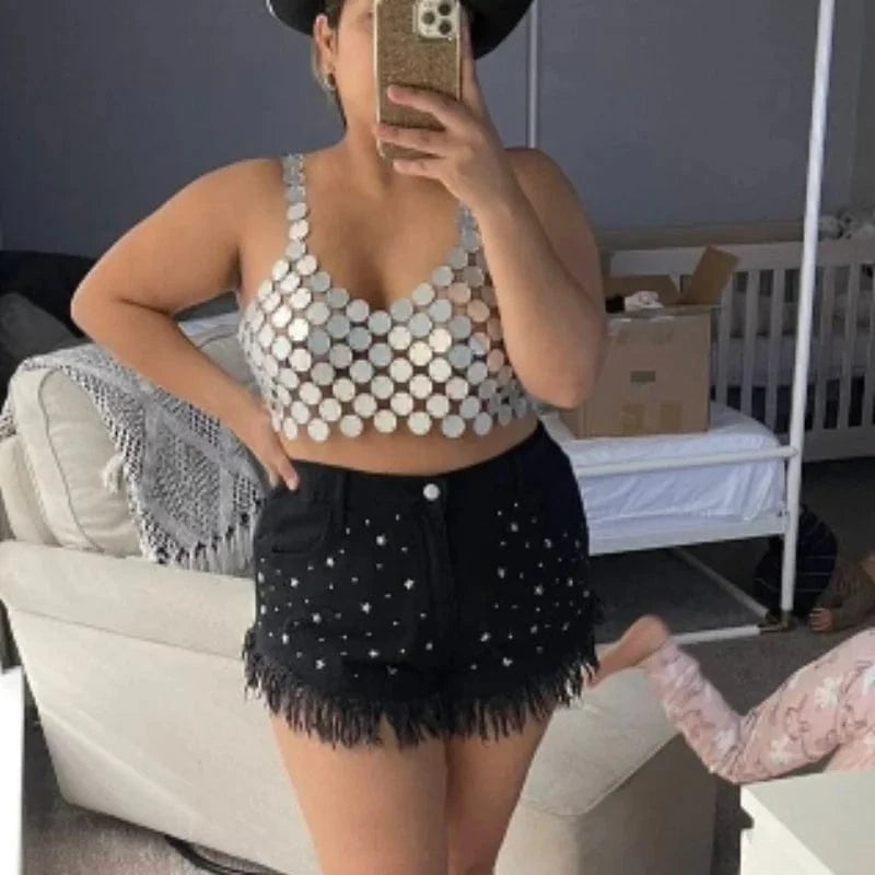 2024 New Night Club Dance Handmade Glitter Crop Tops For Women Sexy