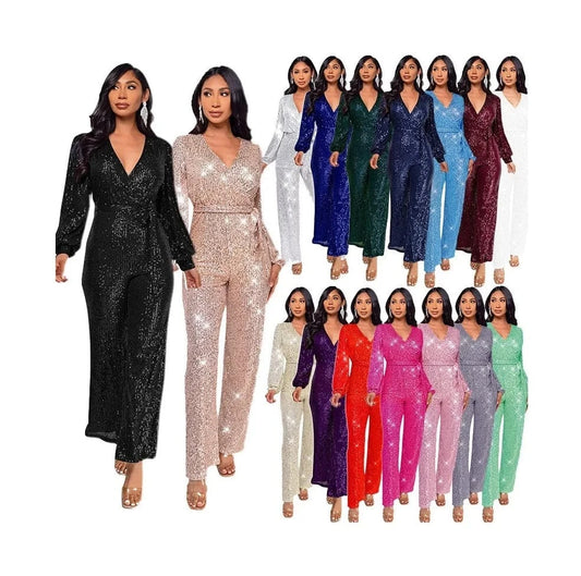 2024 new plus size women ladies sparkly red gold sequin long sleeve full romper jumpsuit women party club clothing with bandage