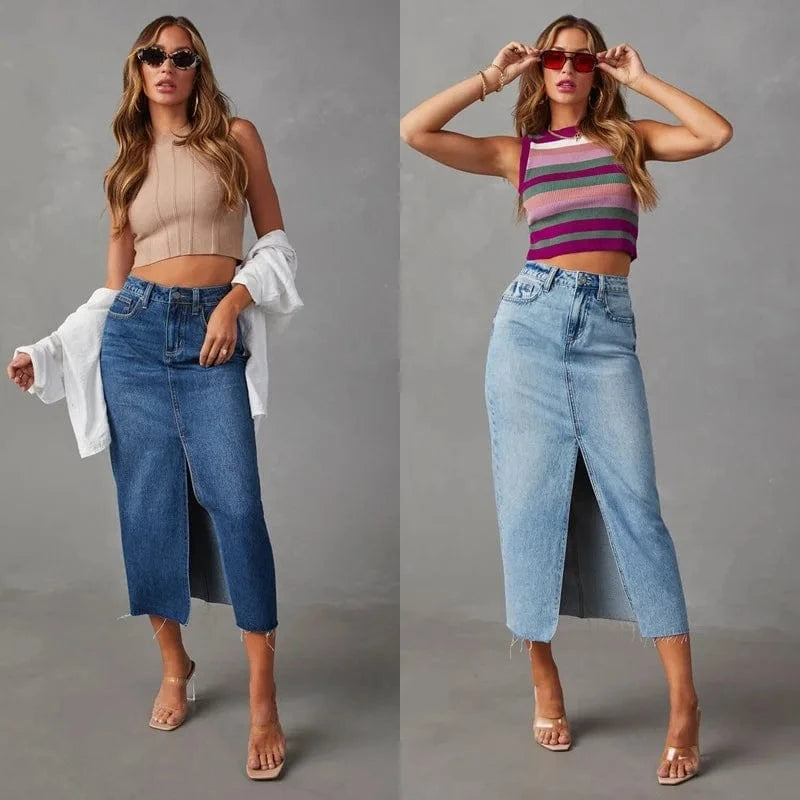 2024 New split Denim skirt High waist Washed European and American style A- line skirt Mid-length skirt For women