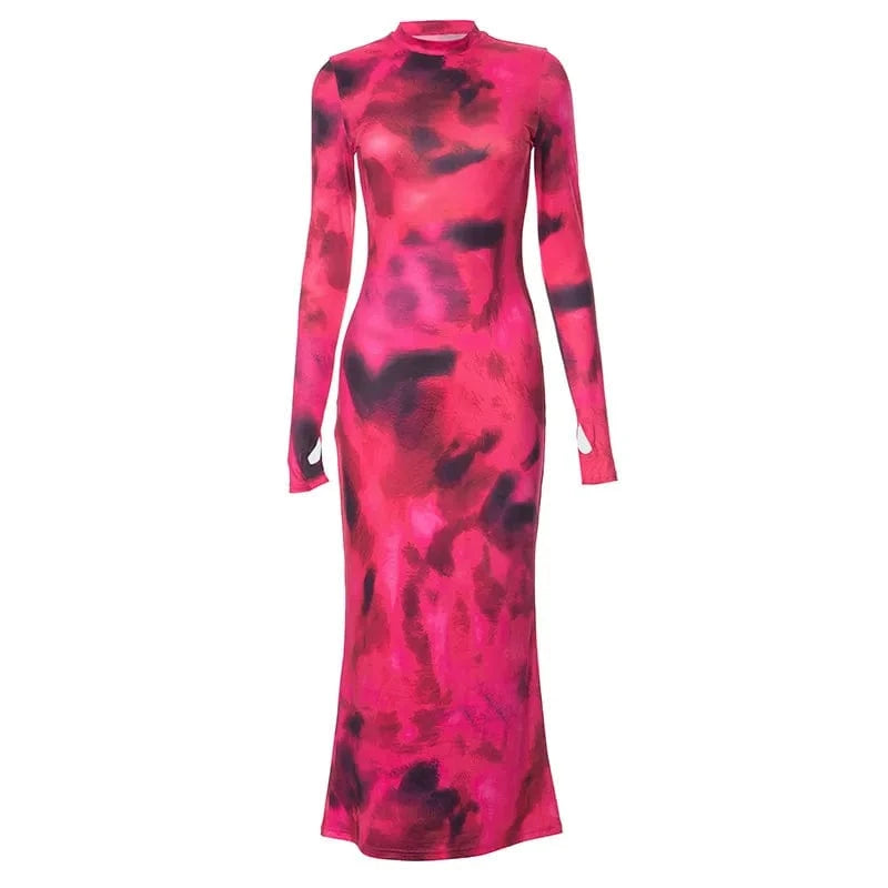 2024 New spring female Casual dress round neck long sleeve stretch tie dye woman long dress