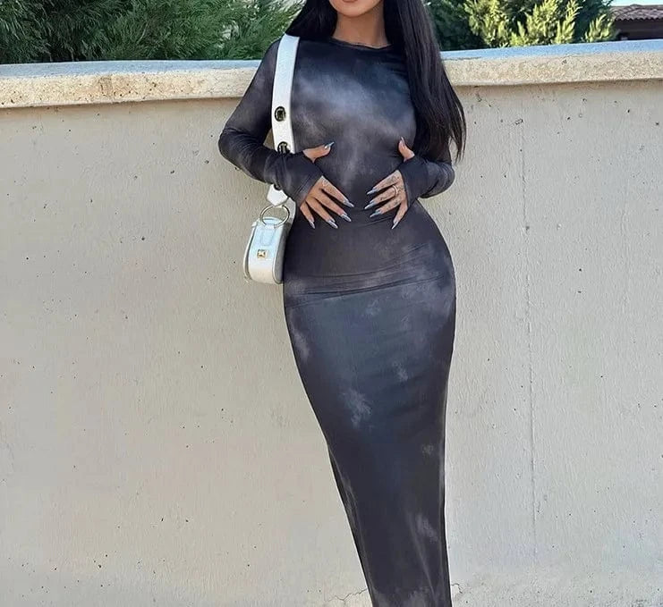 2024 New spring female Casual dress round neck long sleeve stretch tie dye woman long dress