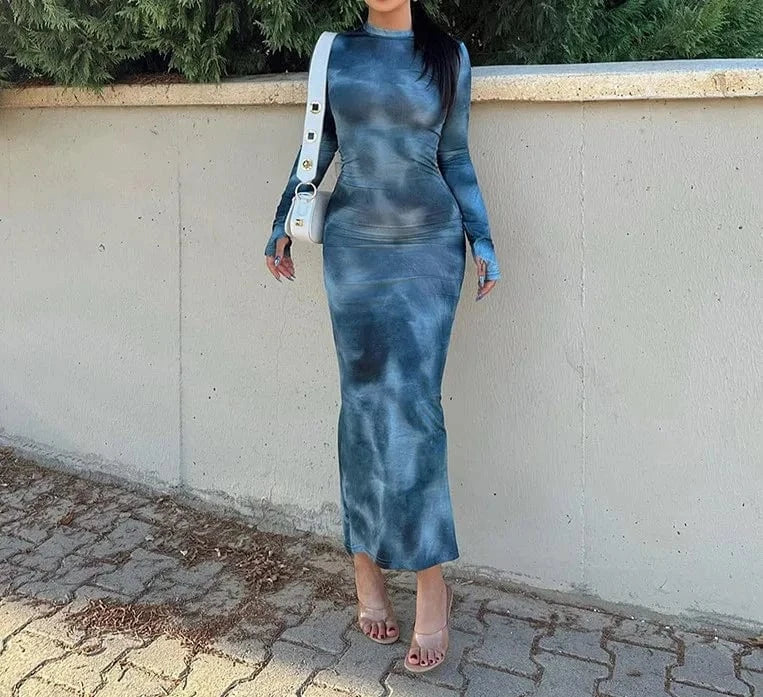 2024 New spring female Casual dress round neck long sleeve stretch tie dye woman long dress