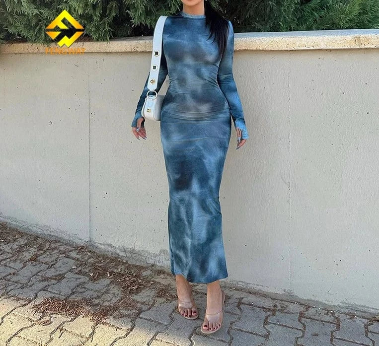 2024 New spring female Casual dress round neck long sleeve stretch tie dye woman long dress