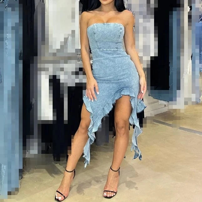 2024 New Spring Women Strapless Denim Dress Sexy Backless Bodycon Dress Irregular Ruffles Off Shoulder  Dresses