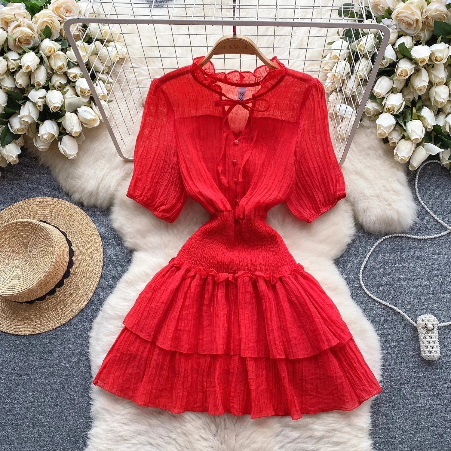 2024 New Summer Sweet V-neck Tunic Slim Midi Dress For Women Ruffled Clothes Women