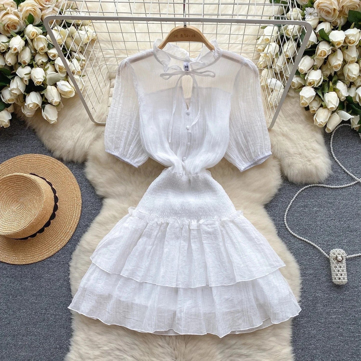 2024 New Summer Sweet V-neck Tunic Slim Midi Dress For Women Ruffled Clothes Women