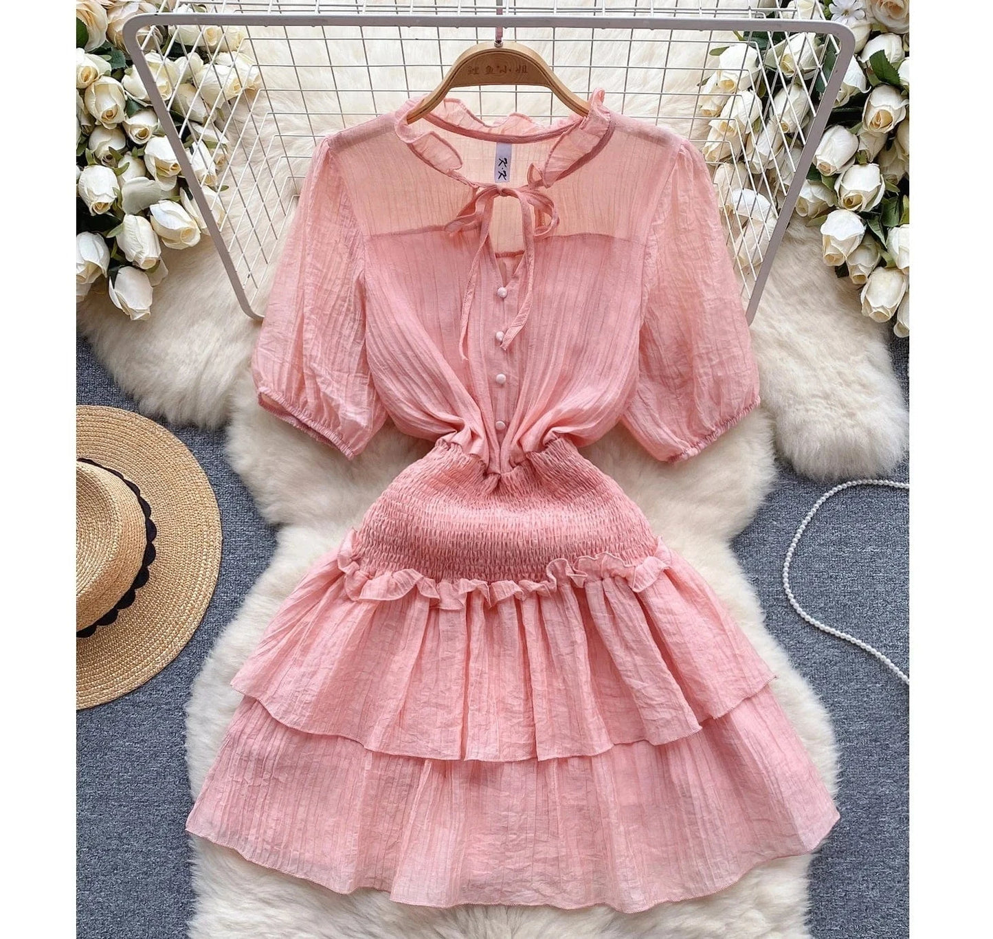 2024 New Summer Sweet V-neck Tunic Slim Midi Dress For Women Ruffled Clothes Women