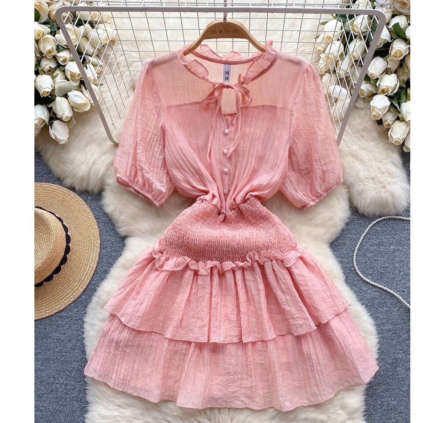 2024 New Summer Sweet V-neck Tunic Slim Midi Dress For Women Ruffled Clothes Women