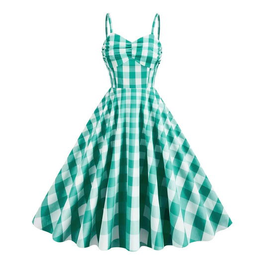2024 New Vacation  Style Retro Plaid Stripe Hanging Strap High Waist Women's Cotton Medium Length Dress
