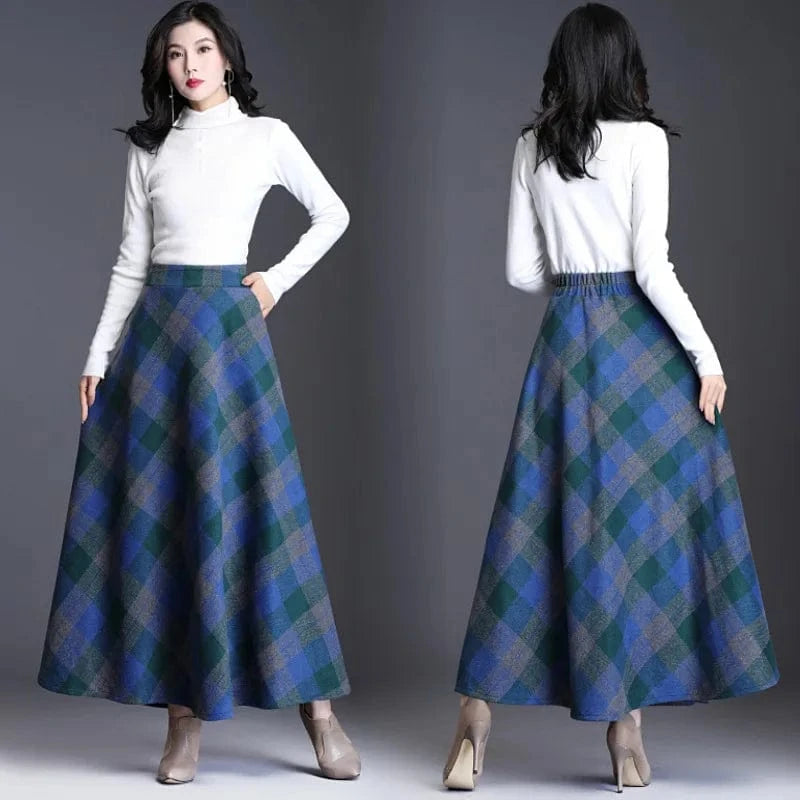 2024 New Women Fashion Spring And Autumn Retro Plaid  Elegant Temperament Skirt Mid-length High Waist A-line Women Plaid Skirt