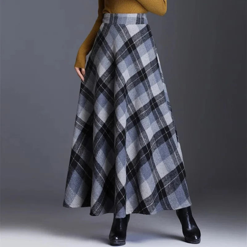 2024 New Women Fashion Spring And Autumn Retro Plaid  Elegant Temperament Skirt Mid-length High Waist A-line Women Plaid Skirt