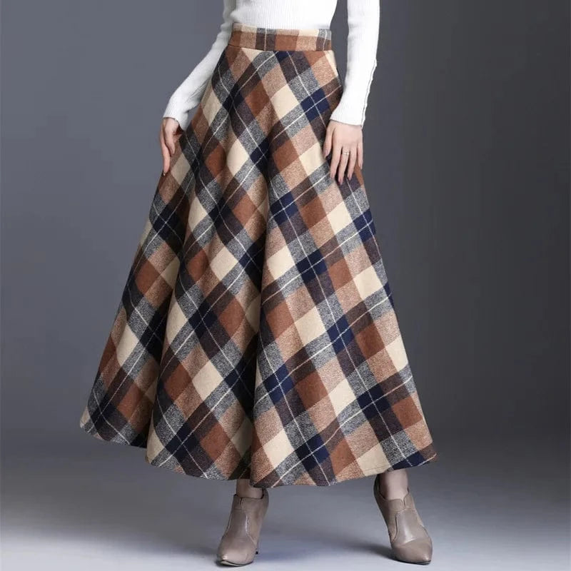 2024 New Women Fashion Spring And Autumn Retro Plaid  Elegant Temperament Skirt Mid-length High Waist A-line Women Plaid Skirt