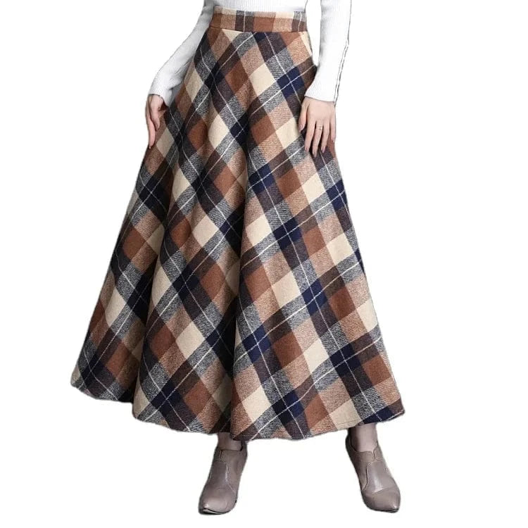 2024 New Women Fashion Spring And Autumn Retro Plaid  Elegant Temperament Skirt Mid-length High Waist A-line Women Plaid Skirt