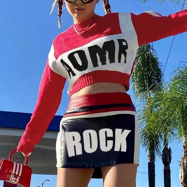 2024 New Young Sexy Sweet Letter Sweater Full Sleeve + Short Leather Pencil Skirts Women 2 Piece Set