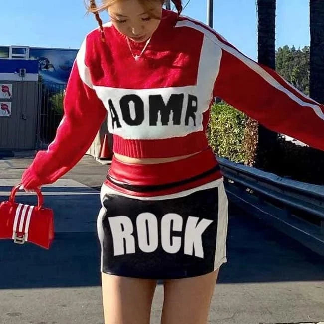 2024 New Young Sexy Sweet Letter Sweater Full Sleeve + Short Leather Pencil Skirts Women 2 Piece Set