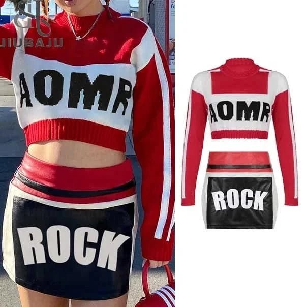 2024 New Young Sexy Sweet Letter Sweater Full Sleeve + Short Leather Pencil Skirts Women 2 Piece Set