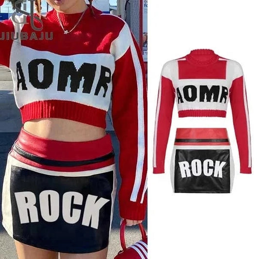2024 New Young Sexy Sweet Letter Sweater Full Sleeve + Short Leather Pencil Skirts Women 2 Piece Set
